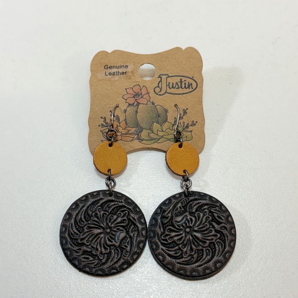 Justin Earrings Women Brown Tooled Leather Floral Western Southwestern New
